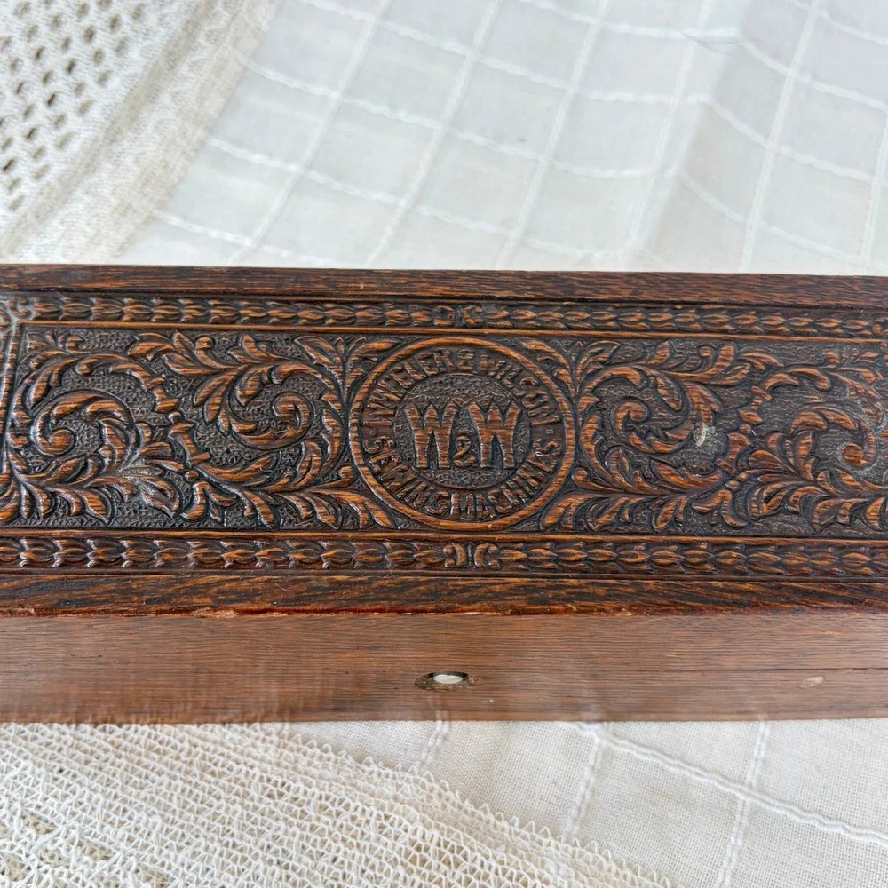 Antique Wheeler & Wilson Sewing Machine Carved Wood Accessory Box W&W Logo Decor